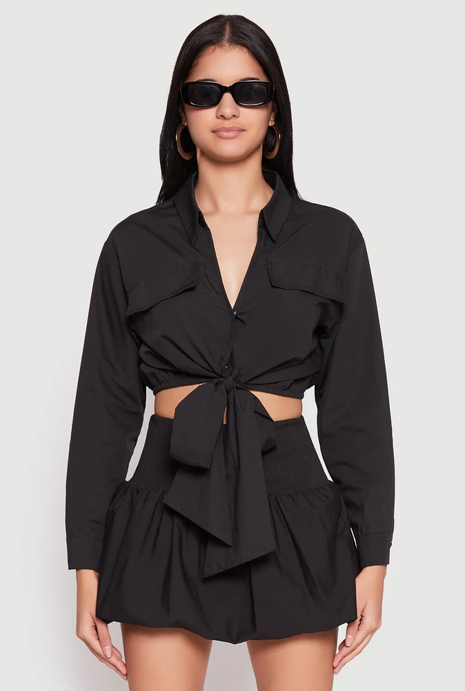Womens Poplin Faux Pocket Tie Front Crop Top,