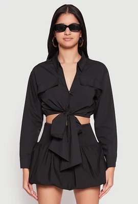Womens Poplin Faux Pocket Tie Front Crop Top,