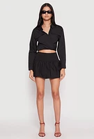 Womens Poplin Faux Pocket Tie Front Crop Top,