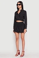 Womens Poplin Faux Pocket Tie Front Crop Top,