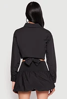 Womens Poplin Faux Pocket Tie Front Crop Top, Black, Size M