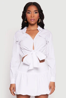 Womens Poplin Faux Pocket Tie Front Crop Top, White, Size XL