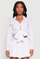Womens Poplin Faux Pocket Tie Front Crop Top, White, Size XL