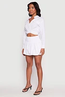 Womens Poplin Faux Pocket Tie Front Crop Top, White, Size XL