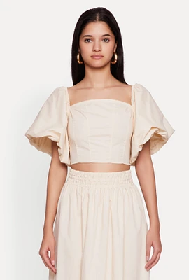 Womens Poplin Puff Sleeve Corset Crop Top,