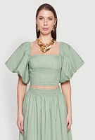 Womens Poplin Puff Sleeve Corset Crop Top,
