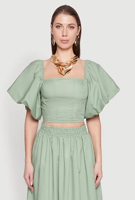 Womens Poplin Puff Sleeve Corset Crop Top,