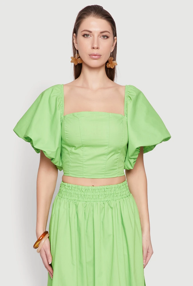 Womens Poplin Puff Sleeve Corset Crop Top,