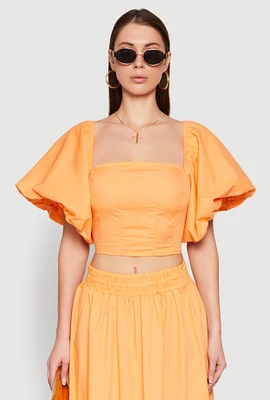 Womens Poplin Puff Sleeve Corset Crop Top,