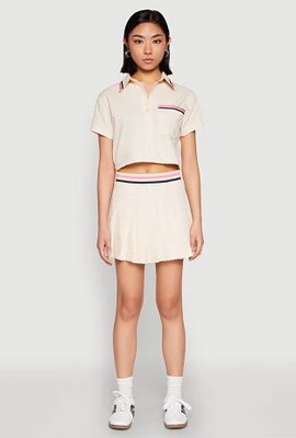 Womens Poplin Varsity Stripe Pleated Skirt, Khaki, Size L