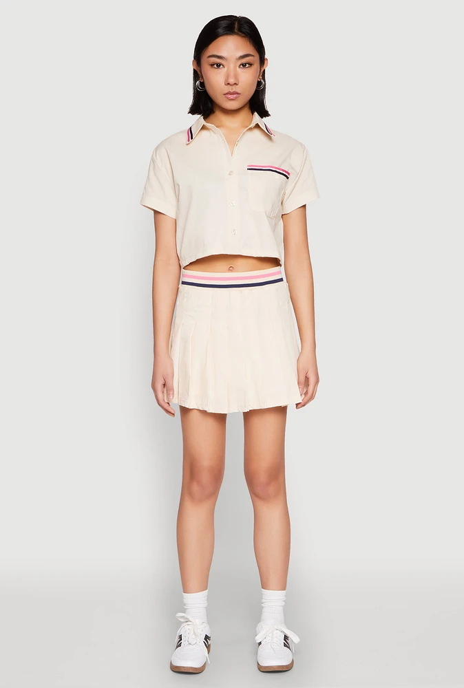 Womens Poplin Varsity Stripe Pleated Skirt, Khaki, Size S
