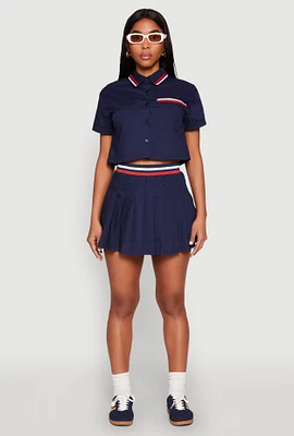 Womens Poplin Varsity Stripe Pleated Skirt, Blue,