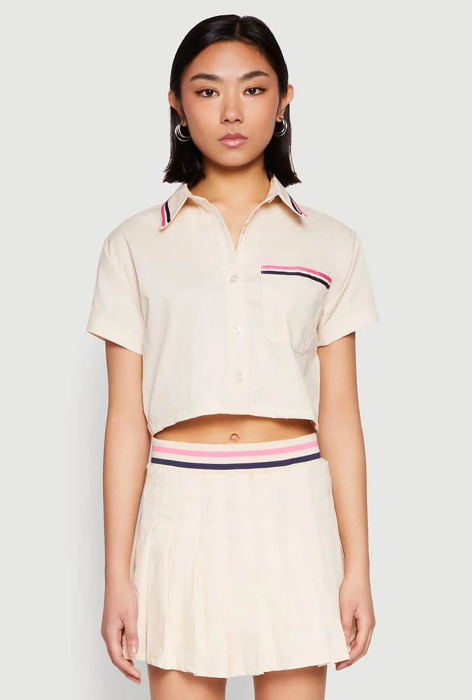Womens Poplin Varsity Stripe Cropped Shirt, Beige, Size L
