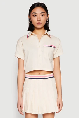 Womens Poplin Varsity Stripe Cropped Shirt, Beige, Size L