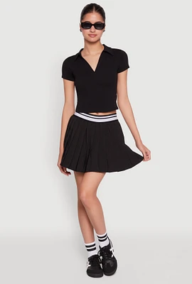 Womens Varsity Stripe Waistband Pleated Tennis Skirt, Black, Size S