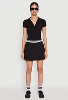 Womens Varsity Stripe Waistband Pleated Tennis Skirt, Black, Size S