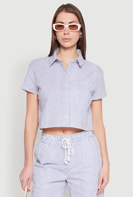 Womens Striped Cropped Shirt, Blue, Size XL