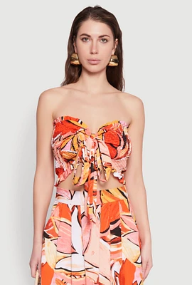 Womens Printed Pattern Tie Front Crop Top, Orange,