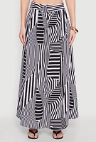 Womens Printed Pattern Pleated Maxi Skirt, Black,