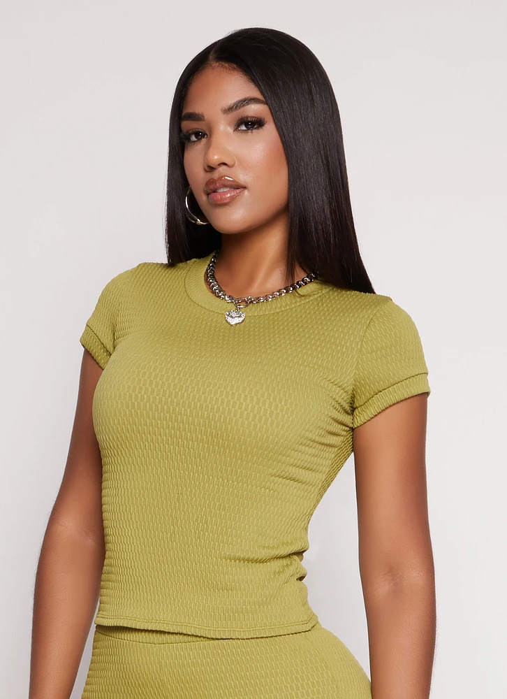 Womens Textured Knit Crew Neck Short Sleeve Top, Green, Size L