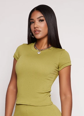 Womens Textured Knit Crew Neck Short Sleeve Top, Green, Size L