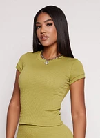 Womens Textured Knit Crew Neck Short Sleeve Top, Green, Size L