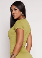 Womens Textured Knit Crew Neck Short Sleeve Top, Green, Size L