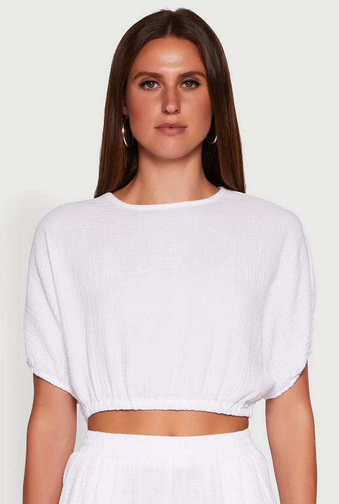 Womens Chic Gauze Knit Crew Neck Cropped Blouse with Dolman Sleeves, White, Size XL