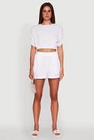 Womens Chic Gauze Knit Crew Neck Cropped Blouse with Dolman Sleeves, White, Size XL