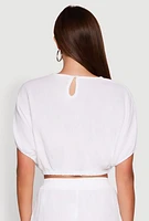 Womens Chic Gauze Knit Crew Neck Cropped Blouse with Dolman Sleeves, White, Size XL