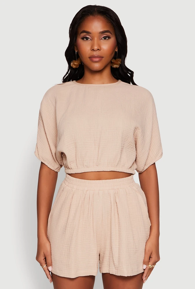 Womens Chic Gauze Knit Crew Neck Cropped Blouse with Dolman Sleeves, S