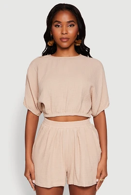Womens Chic Gauze Knit Crew Neck Cropped Blouse with Dolman Sleeves, S
