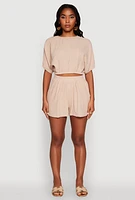 Womens Chic Gauze Knit Crew Neck Cropped Blouse with Dolman Sleeves, S