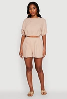 Womens Chic Gauze Knit Crew Neck Cropped Blouse with Dolman Sleeves, S