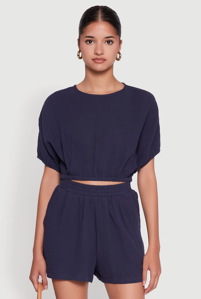 Womens Chic Gauze Knit Crew Neck Cropped Blouse with Dolman Sleeves, Blue, Size XL
