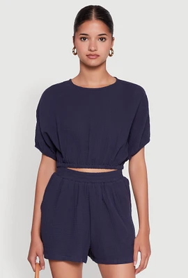 Womens Chic Gauze Knit Crew Neck Cropped Blouse with Dolman Sleeves, Blue, Size XL