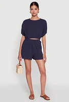 Womens Chic Gauze Knit Crew Neck Cropped Blouse with Dolman Sleeves, Blue, Size XL