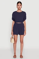 Womens Chic Gauze Knit Crew Neck Cropped Blouse with Dolman Sleeves, Blue, Size XL