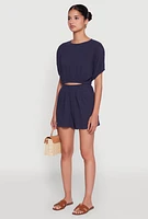 Womens Chic Gauze Knit Crew Neck Cropped Blouse with Dolman Sleeves, Blue, Size XL