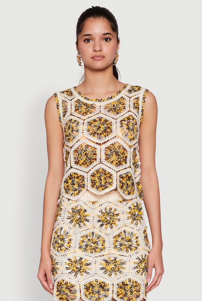 Womens Hexagon Geometric Crochet Sleeveless Top, Multi, Size L
