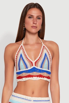 Womens Crochet V Neck Striped Cop Top, Multi, Size S