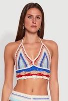 Womens Crochet V Neck Striped Cop Top, Multi, Size S