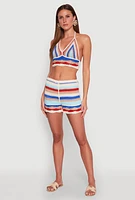 Womens Crochet V Neck Striped Cop Top, Multi, Size S