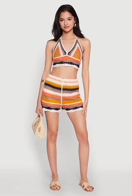 Womens Striped Crochet Shorts, Multi,