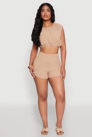 Womens Airy Dolman Sleeve Crop Top, Khaki, Size M