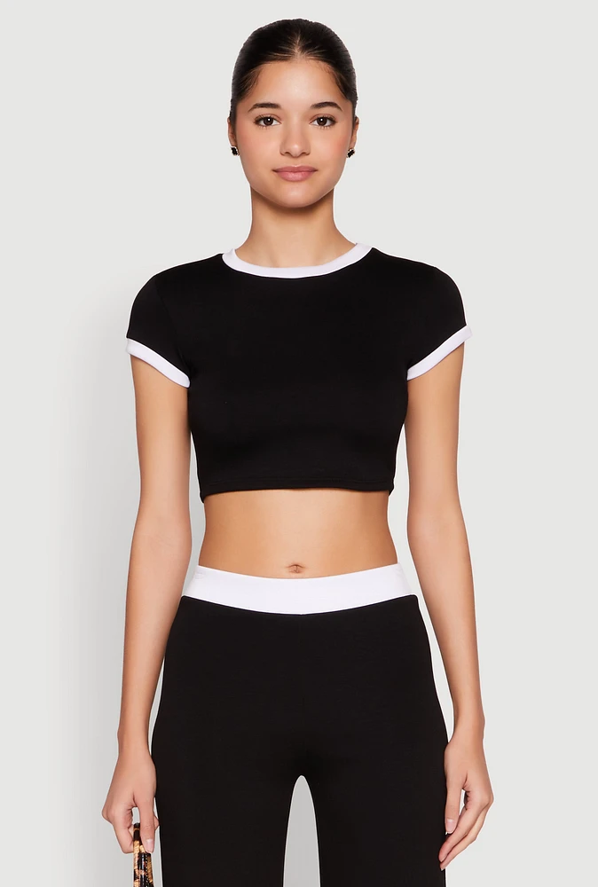 Womens Short Sleeve Ringer Crop Top, Black, Size M
