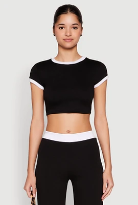 Womens Short Sleeve Ringer Crop Top, Black, Size M