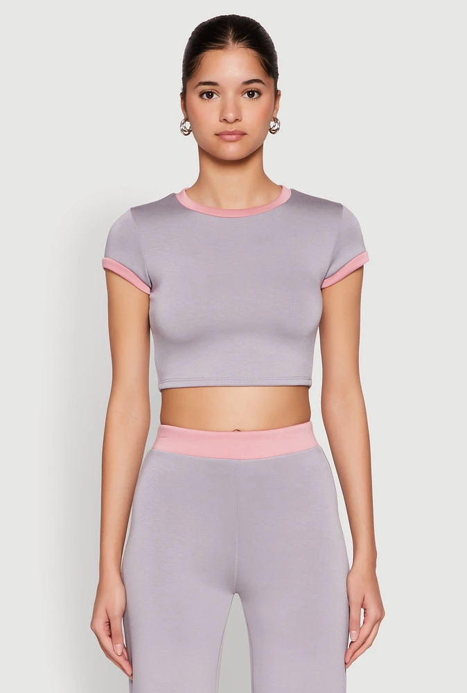 Womens Short Sleeve Ringer Crop Top, Grey,
