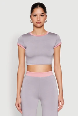 Womens Short Sleeve Ringer Crop Top, Grey,