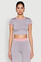 Womens Short Sleeve Ringer Crop Top, Grey,
